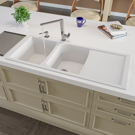 Alfi Brand White 46" Dbl Bowl Granite Composite Kitchen Sink W/ Drainboard AB4620DI-W
